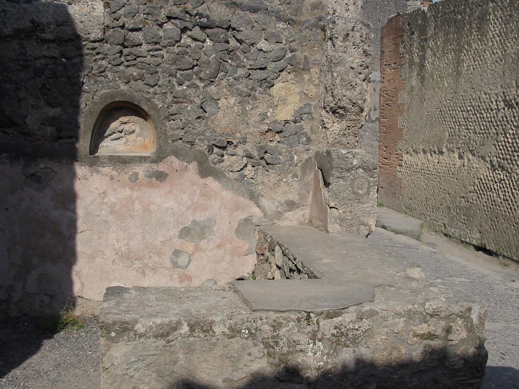 VII.7.11 Pompeii. May 2003. Looking across counter towards east wall with niche. Photo courtesy of Nicolas Monteix.
According to Boyce –
In the east wall is an arched niche (h.0.42, w.0.52, d.0.17, h. above floor 1.37), its inside walls coated with yellow stucco.
See Boyce G. K., 1937. Corpus of the Lararia of Pompeii. Rome: MAAR 14. (p.68, no.298)

