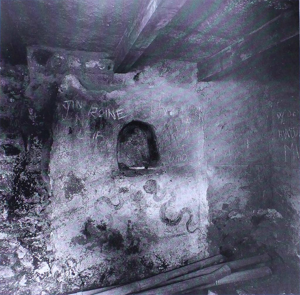 I.8.18 Pompeii. 1977. Lararium and niche in room 8.
See Carratelli, G. P., 1990-2003. Pompei: Pitture e Mosaici: Vol. 1. Roma: Istituto della enciclopedia italiana, p. 918.
