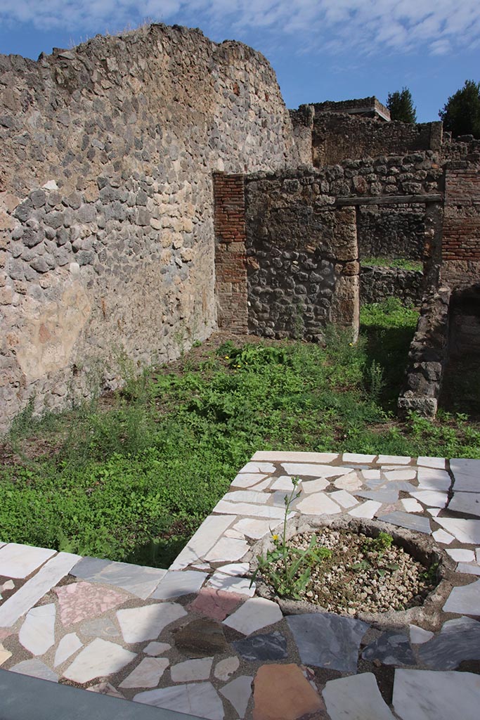 I.2.1 Pompeii. October 2024. 
Looking north-east across counter into rear room on north side, with doorway into I.2.31.
Photo courtesy of Klaus Heese.
