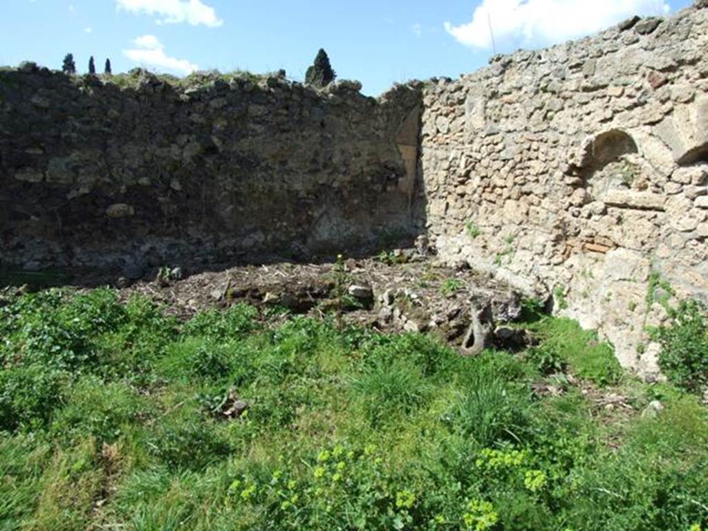 I.2.20 Pompeii. March 2009. Two-sided triclinium in the north-west corner of the garden.
According to Soprano 
Ubicazione: viridario. L. medius, m. 2.65, l. imus, m. 2.93, diametro della mensa, m. 0.93.
Bibliog. Fiorelli, op. c., p.45; Bull. Inst., 1874, p.263; Viola, op. c., p.9.
I due letti sono addossati allangolo N.O. del viridario, e hanno il piano superiore inclinato dallesterno verso il muro; lungo le sponde interne (plutei)
corre un canaletto per la raccolta delle acque. Entrambi i letti appaiono ancora ricoperti di cocciopesto. Su uno dei due muri ai quali sono addossati i letti rivestiti dintonaco giallo chiaro, era tracciata con il carbone una testa muliebre, in mezzo a varie epigrafi, ora del tutto svanita. 
See Soprano, P. (1950). I triclini allaperto di Pompei. (In Pompeiana, raccolta di studi per il secondo centenario degli scavi di Pompei. Napoli, Gaetano Macchiaroli, Editore, p.305, no.24.
Bull. Inst. = Bullettino dellInstituto di Corrispondenza Archeologica (DAIR).
