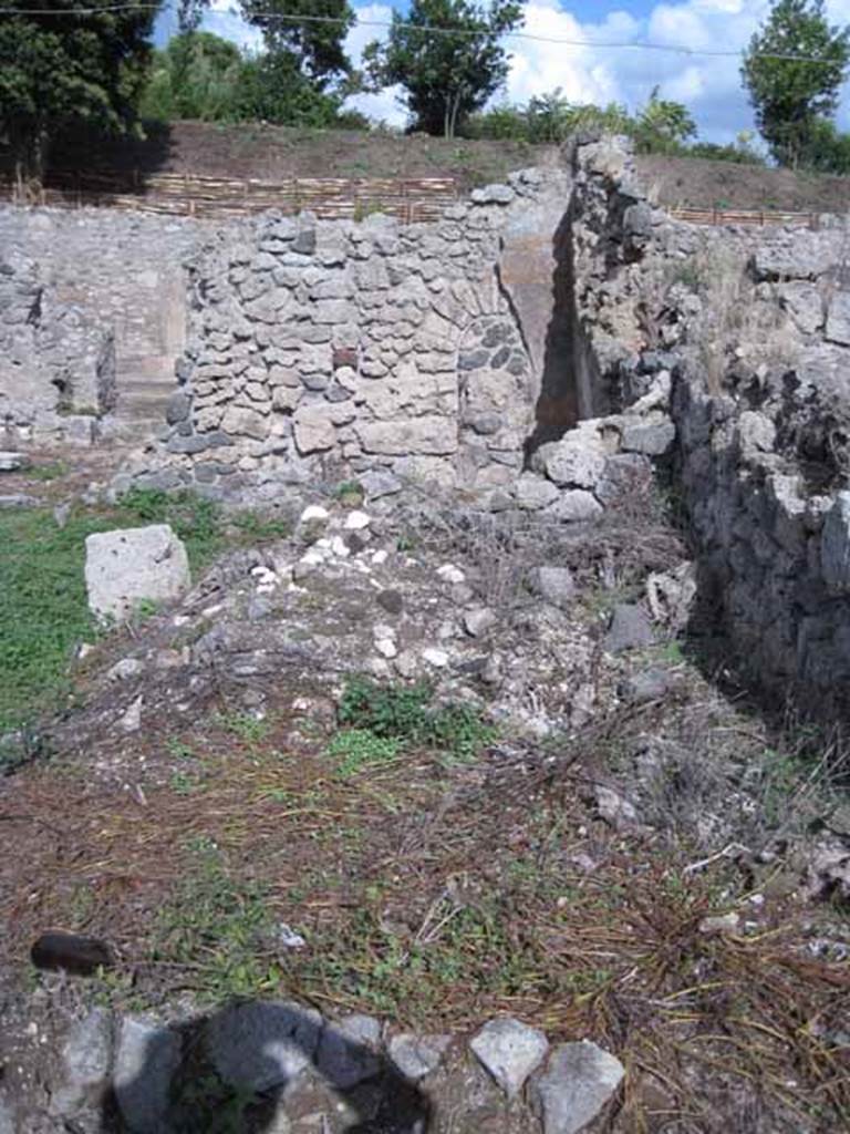 I.2.20 Pompeii. September 2010. Looking east across site of small room, along the south boundary towards the entrance.  Photo courtesy of Drew Baker.
According to Sogliano, in one of these rooms on the left of the viridarium, a painting was discovered but which was very destroyed, showing a flying figure carrying a cornucopia.
“I.2.20, stanza a sinistra del viridario, A.0.30 – Figura alata molto distrutta, che porta un cornucopia” – (Bull. Inst. 1873, p.247).
See Sogliano, A., 1879. Le pitture murali campane scoverte negli anni 1867-79. Napoli: Giannini. (p.73, no.444).

