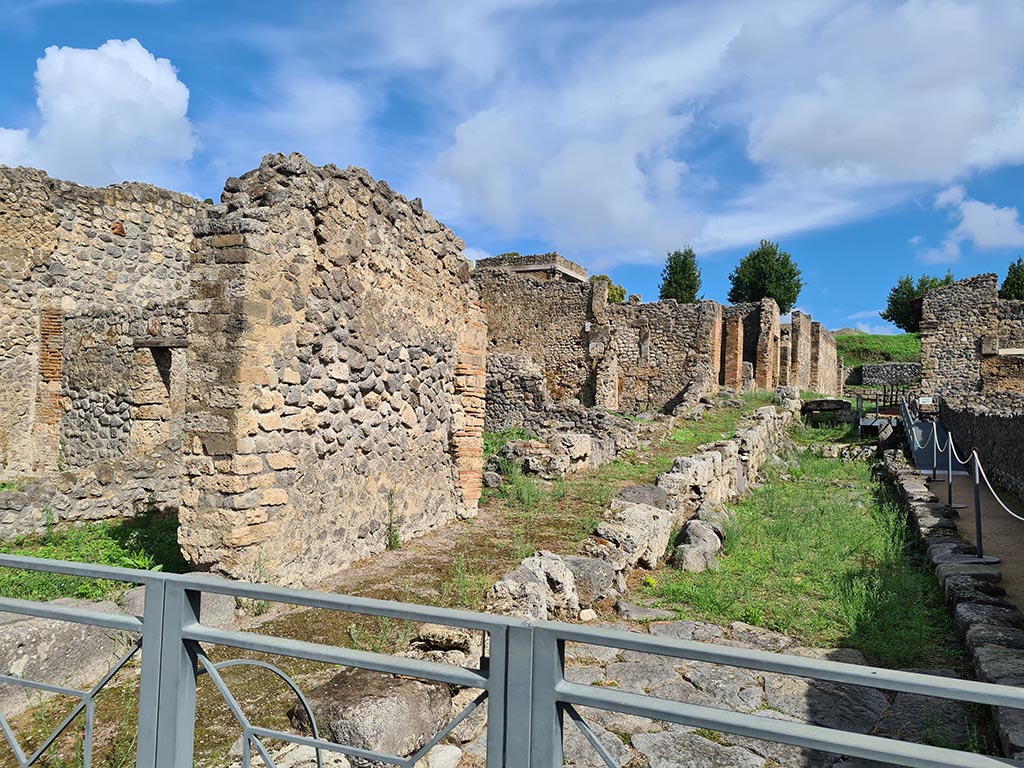 I.2.32 Pompeii, on left. October 2024. 
Looking north-east on Vicolo del Conciapelle, towards entrances I.2.31 and I.2.30 at rear of standing wall, centre left, linked to I.2.32.  
Photo courtesy of Klaus Heese.

