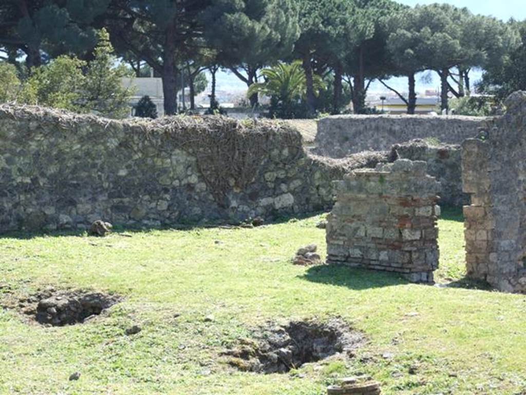 1.3.3 Pompeii. March 2009. 
Looking south-west towards west portico and large exedra or triclinium in south-west corner of peristyle.
According to Fiorelli, To the right of the staircase was located a spacious oecus, situated above the second of the indicated triclinia, afterwards comes a corridor with a sloping floor, that was above the other corridor on the first (lower) floor carrying the pavements of the roof to the rooms on the south side of the atrium. At the end we have a beautiful exedra, with its flooring existing still, above the storerooms and the kitchen of the first (lower) floor. 
Mau described the square room in the south-west corner as a triclinium. Its floor was white mosaic, the walls were decorated in black with architectural motifs in the Third Style.
He described a painting (partly destroyed when excavated) as -. 
In the same house in a triclinium beside the peristyle are remains of a picture: you see two headless figures and part of the upper chest of the man.
On the left was a man of heroic stature and brown complexion, wearing a purple cloak.
The right hand was raised, and the left had apparently pulled the cloak next to the thigh, ready to move away from a woman, to whom he had apparently spoken.
The woman was dressed in a tunic of blueish-grey with a brownish cloak that with both hands she pulled across her chest, so that her arms were hidden.
Probably the scene was Hippolytus and the nurse.
The raised right arm of Hippolytus expressed disgust and rejection.   
See Mau in BdI 1873, p237.
See Pappalardo, U., 2001. La Descrizione di Pompei per Giuseppe Fiorelli (1875). Napoli: Massa Editore. (p.38)
According to Sogliano, found in a room on the west side of the peristyle were 
(p.141, no.685)   on a white background, a landscape with trees surrounded by ribbons.........
(p.159, no.826)   a female figure
(p.100, no.542)   Hippolytus and Phaedra (only a fragment and much damaged)
See Sogliano, A., 1879. Le pitture murali campane scoverte negli anni 1867-79. Napoli: Giannini. 
