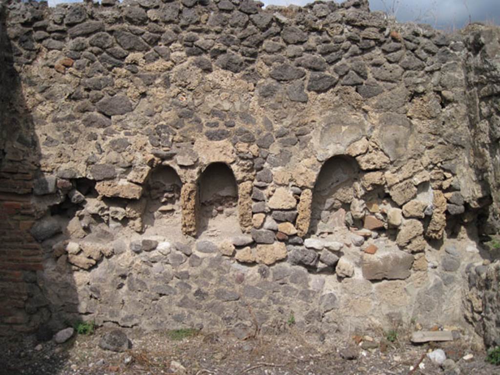 I.3.8b Pompeii. September 2010. North wall with niches. According to Fiorelli, in the kitchen, other than the hearth, one finds two niches for the worship of the domestic gods.
See Pappalardo, U., 2001. La Descrizione di Pompei per Giuseppe Fiorelli (1875). Napoli: Massa Editore. (p.39.  Photo courtesy of Drew Baker.
