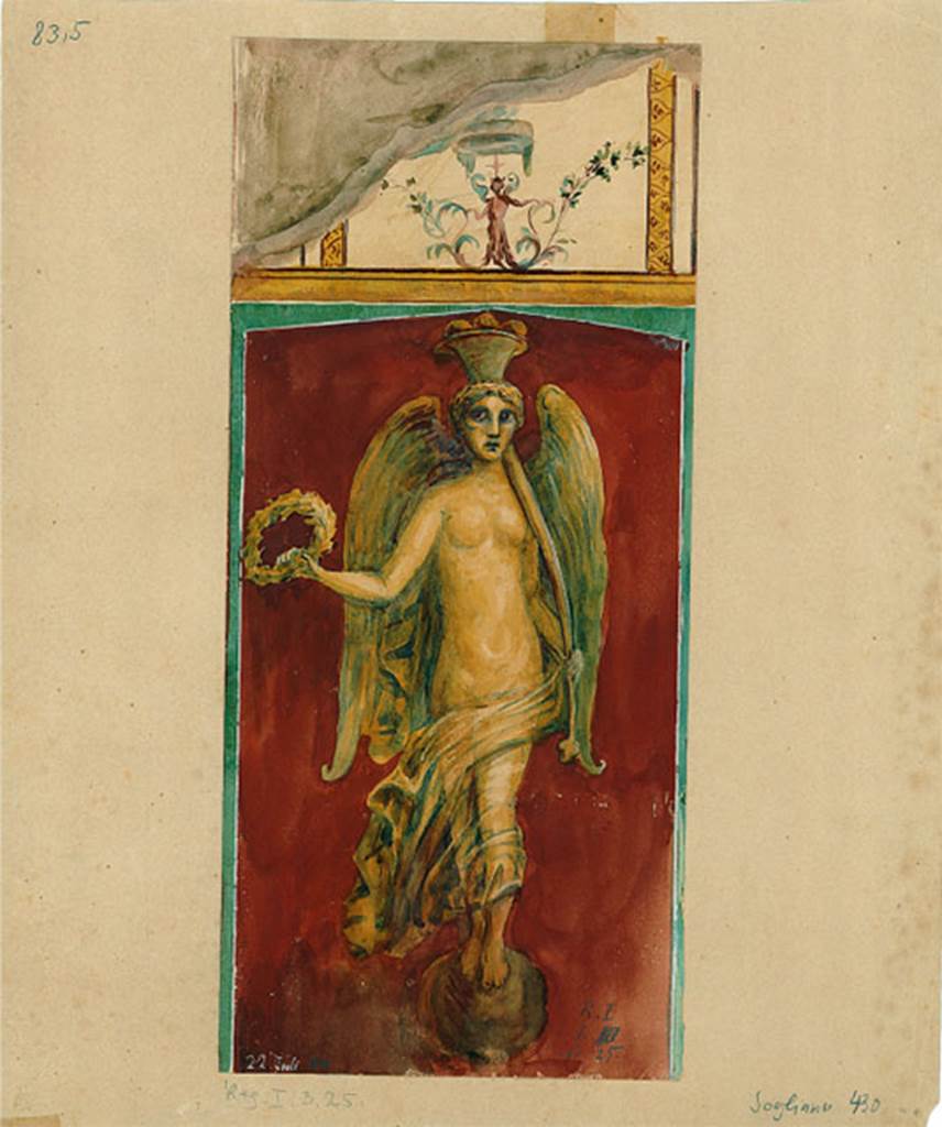 I.3.25 Pompeii. 1880 watercolour of Nike (Victory) with yellow transparent wings, on a red background, found on the south-west pilaster of the peristyle.
Nike is standing on a globe, holding a crown (and a cornucopia?).
DAIR 83, 5. Photo  Deutsches Archologisches Institut, Abteilung Rom, Arkiv. 
