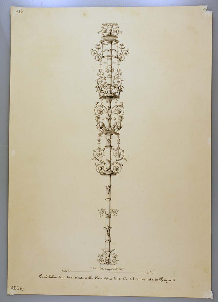 I.4.25 Pompeii. Drawing by Antonio Ala, 1847, of candelabra with grotesque figures.
Described as painted candelabra existing in house known as House of the Three Courtyards, but wall on which seen is not traceable.
Now in Naples Archaeological Museum. Inventory number ADS 69.
Photo © ICCD. https://www.catalogo.beniculturali.it
Utilizzabili alle condizioni della licenza Attribuzione - Non commerciale - Condividi allo stesso modo 2.5 Italia (CC BY-NC-SA 2.5 IT)
