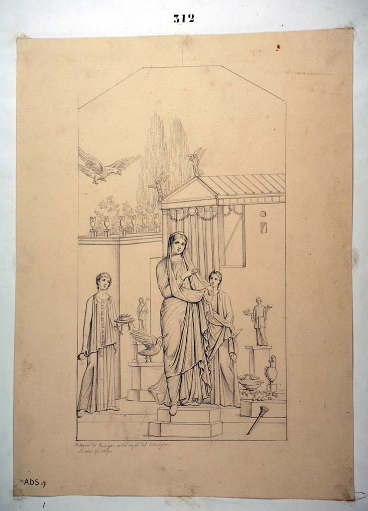 I.4.25 Pompeii. Room 20, south wall of cubiculum. Drawing by Nicola La Volpe of painting of Leda and the Swan.
The painting was detached from the wall and is now in Naples Archaeological Museum. Inventory number 120034.
See Helbig, W., 1868. Wandgemälde der vom Vesuv verschütteten Städte Campaniens. Leipzig: Breitkopf und Härtel, (152).
Now in Naples Archaeological Museum. Inventory number ADS 17.
Photo © ICCD. https://www.catalogo.beniculturali.it
Utilizzabili alle condizioni della licenza Attribuzione - Non commerciale - Condividi allo stesso modo 2.5 Italia (CC BY-NC-SA 2.5 IT)

