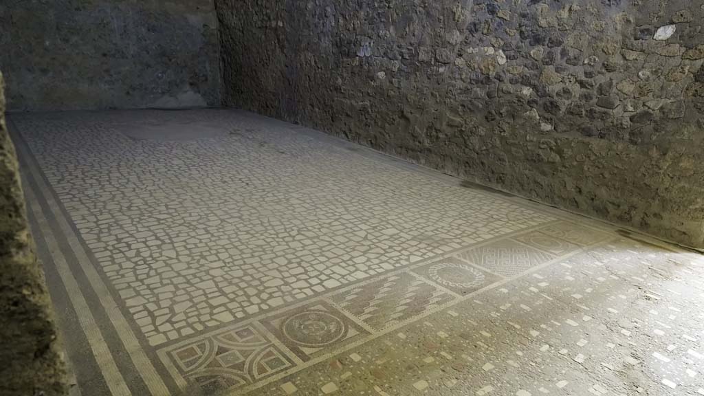 I.6.2 Pompeii. August 2021. Looking east across ornate flooring in oecus/triclinium. Photo courtesy of Robert Hanson.
At the threshold of the oecus/triclinium and the antecamera are a series of different multi-coloured mosaic panels, one with swords, shield and helmet.

