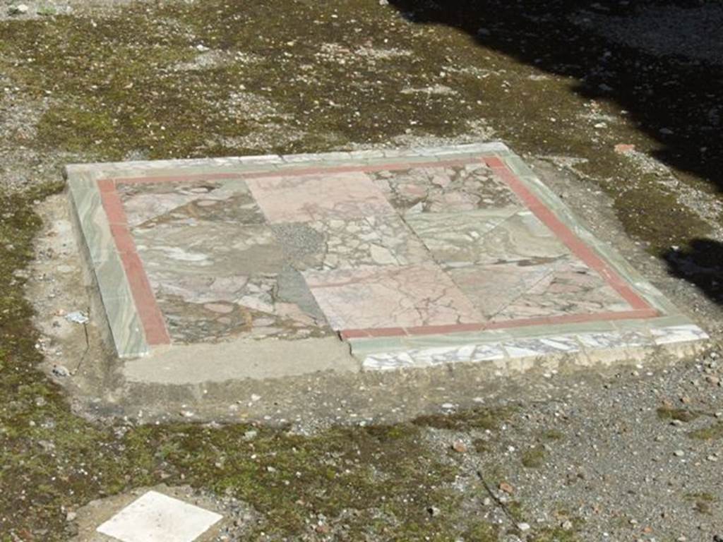 I.8.9 Pompeii. March 2009. Room 2, oecus.  Looking north. Emblema in opus sectile of coloured marble in centre of floor, with remains of white marble diamond shaped pieces. 
