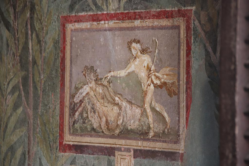 I.9.5 Pompeii. October 2024. Room 5, painting of Ariadne and Dionysus on south wall of cubiculum. Photo courtesy of Klaus Heese