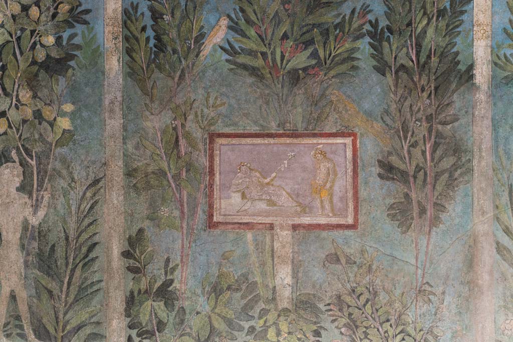 I.9.5 Pompeii. April 2022. Room 5, cubiculum. South end of east wall. 
Detail of painting of Egyptian pharaonic statue and cherry tree.
Photo courtesy of Johannes Eber.

