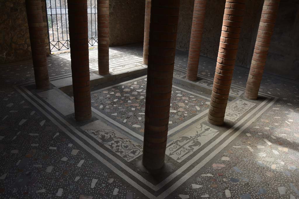 I.10.4 Pompeii. September 2019. Room 46, atrium and impluvium of baths area, with columns and ornate mosaics and random pattern flooring.
Foto Annette Haug, ERC Grant 681269 DCOR.

