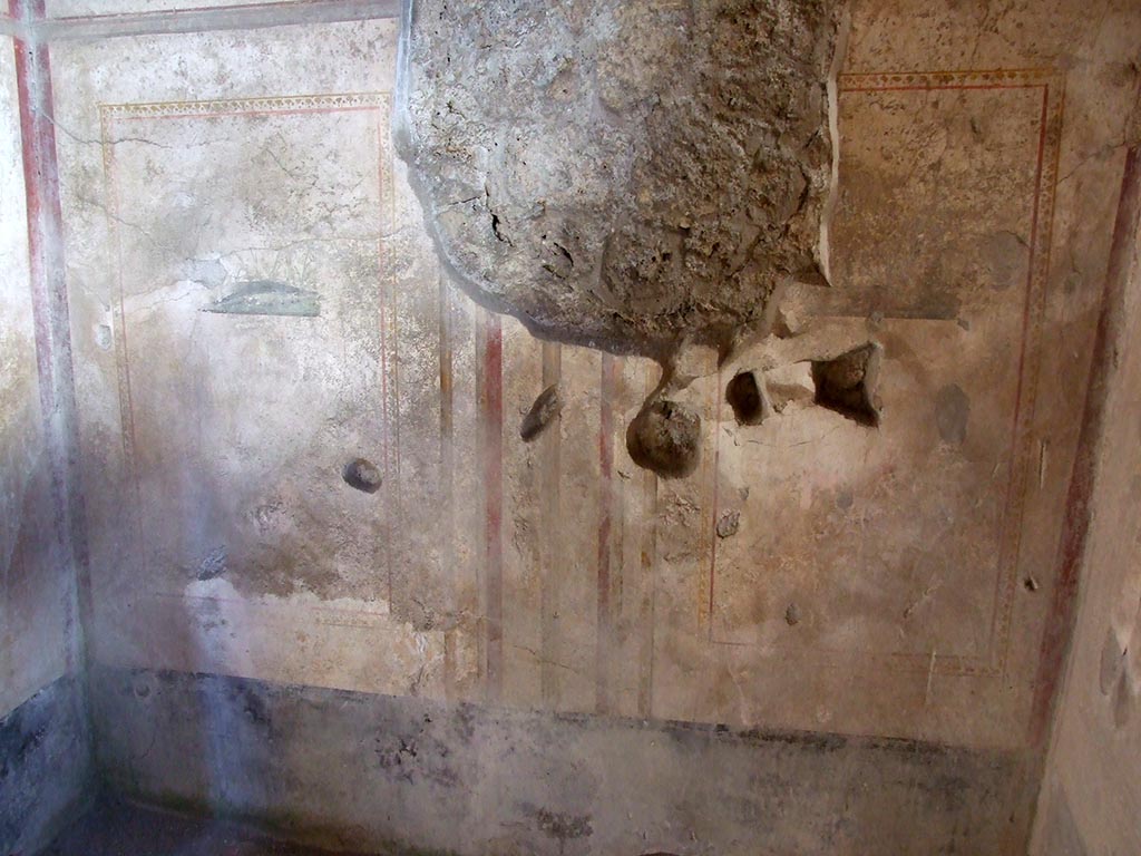 I.10.11 Pompeii. March 2009. 
Room 7, east wall of cubiculum with a painted crocodile in side panel, on left, and painted ducks in rushes, on right.  
