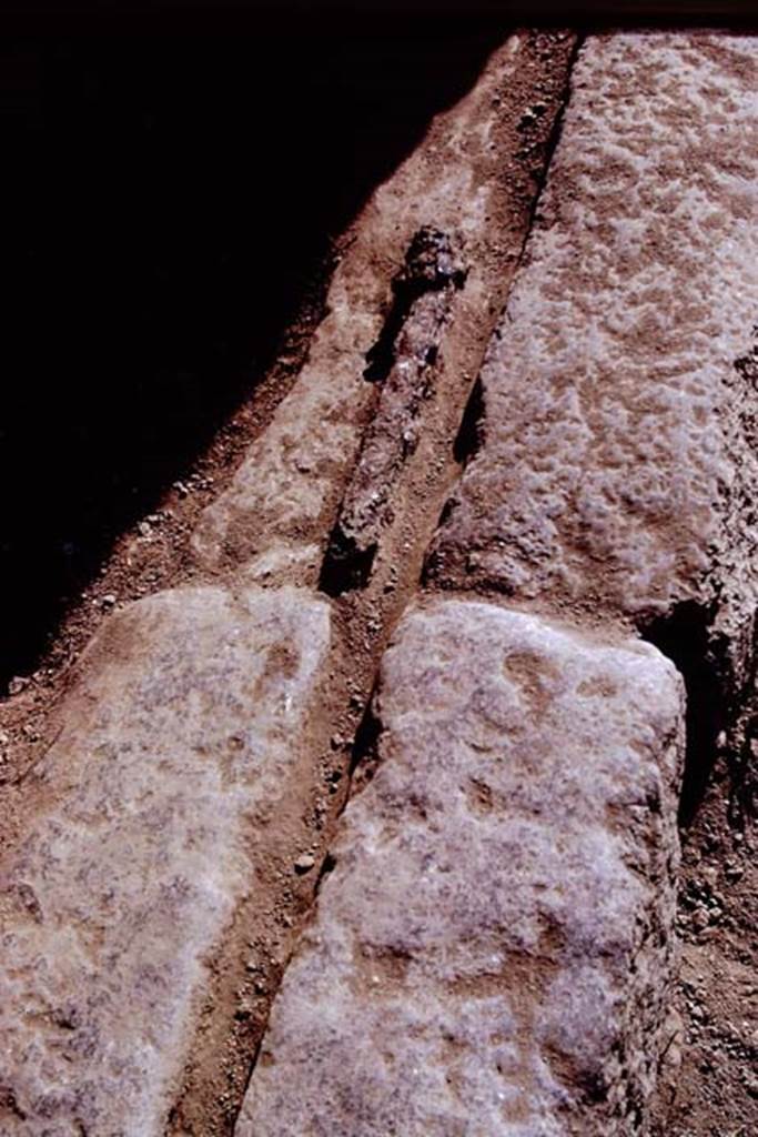 II.5.1 Pompeii. 1972. Perfectly preserved groove in the sill for the door-shutters with part of the metal that fastened the shutters from the inside, which was still intact. 
 Photo by Stanley A. Jashemski. 
Source: The Wilhelmina and Stanley A. Jashemski archive in the University of Maryland Library, Special Collections (See collection page) and made available under the Creative Commons Attribution-Non Commercial License v.4. See Licence and use details. J72f0542
