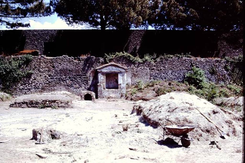 II.8.6 Pompeii. 1972. Looking east towards triclinium, on left, dog-kennel and Lararium during excavations in garden.  Photo by Stanley A. Jashemski. 
Source: The Wilhelmina and Stanley A. Jashemski archive in the University of Maryland Library, Special Collections (See collection page) and made available under the Creative Commons Attribution-Non Commercial License v.4. See Licence and use details. J72f0690
