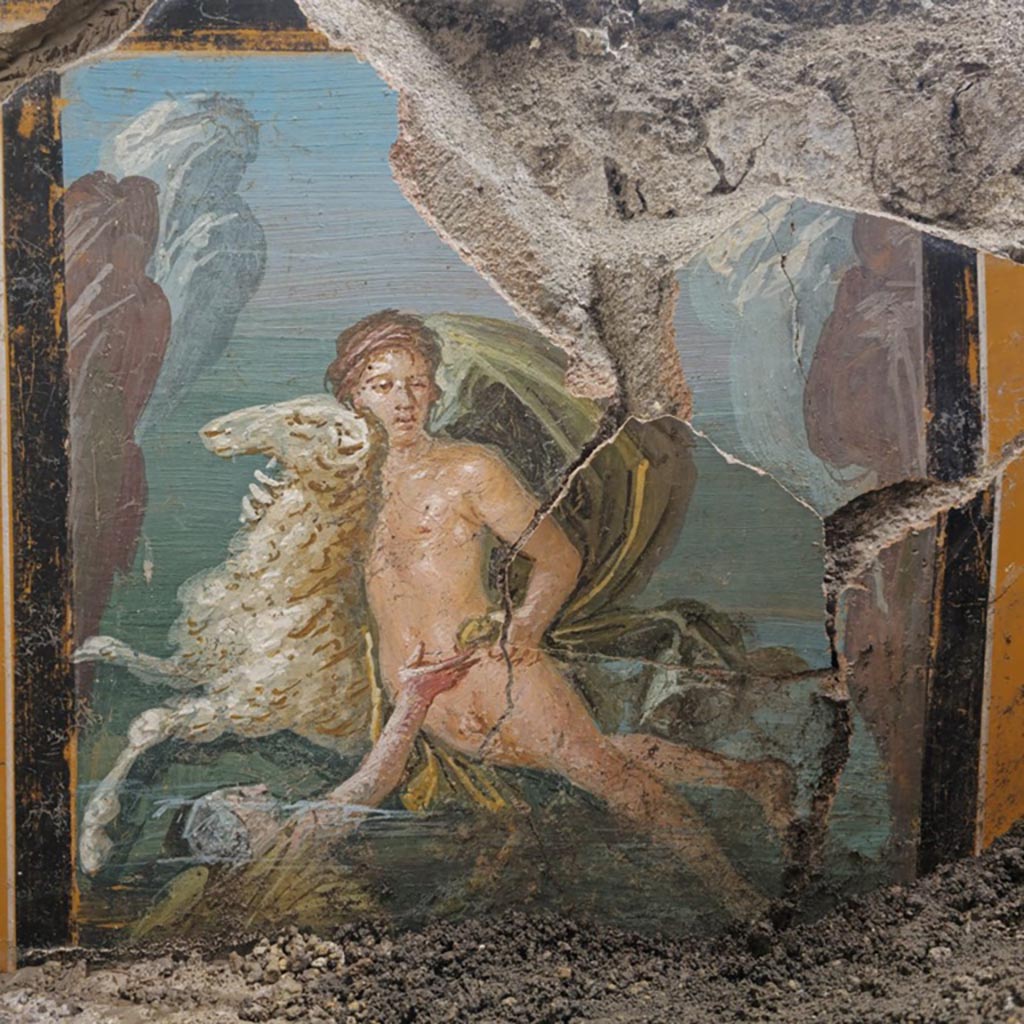 V.6.11 Pompeii. March 2024. Ambienti 29 and 47. 
Frisso è in sella al Vello d’Oro, mentre Elle viene rappresentata nell’atto di sporgere il braccio fuori dall’acqua per afferrare l’appiglio offertole dal fratello.
Phrixus is riding the Golden Fleece, while Helle is depicted in the act of sticking her arm out of the water to grab the handhold offered to her by her brother.
Photograph © Parco Archeologico di Pompei.
See E-Journal 01: 01.03.24, Interventi conservativi e nuovi scavi nella Casa di Leda. Dalla tutela alla conoscenza di un’abitazione del ceto medio di Pompei, Fig. 10.

