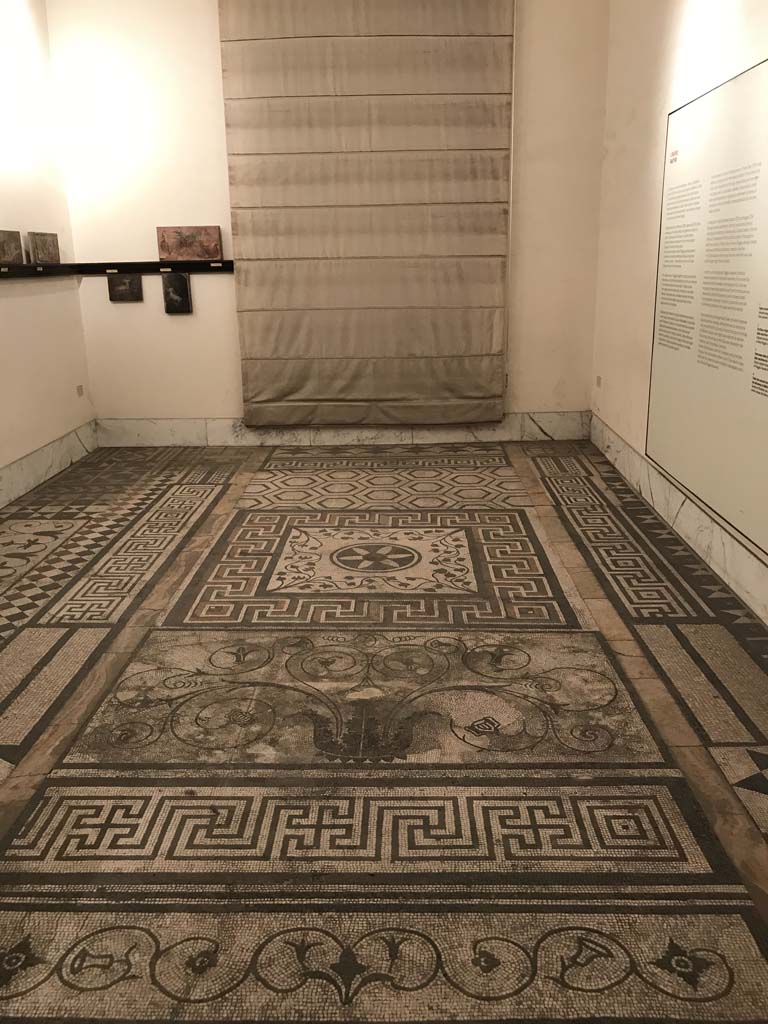 Mosaic flooring in a room in Naples Archaeological Museum, April 2019.
The mosaic, in the centre, would appear to be the same as in the lithograph above, which seems to match the description by La Vega, “as from room 3 of VI.17.9/10” (on the opposite side of the roadway from VI.1.7.
Photo courtesy of Rick Bauer.

