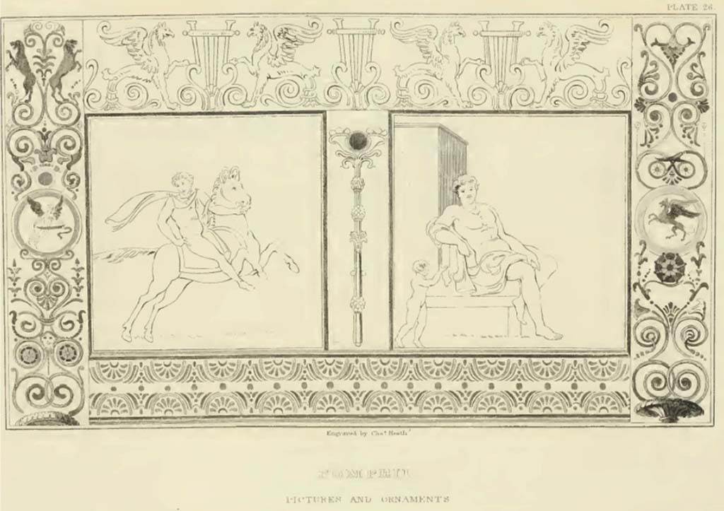 VI.1.7 Pompeii. Drawing by William Gell, entitled “Pictures and Ornaments”. 
Plate XXVI describes “Outlines of two paintings upon a wall. They are surrounded by ornaments from various quarters: that in the centre had a mirror. They are principally from the house of the Vestals.”
See Gell, W. and Gandy, J., 1852. Pompeiana: Third Edition. London: Bohn, p.171, Plate XXVI. 
