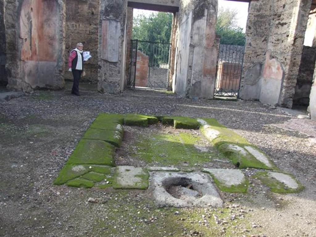 VI.1.10 Pompeii. December 2007. Looking west across impluvium in atrium towards entrance doorway.