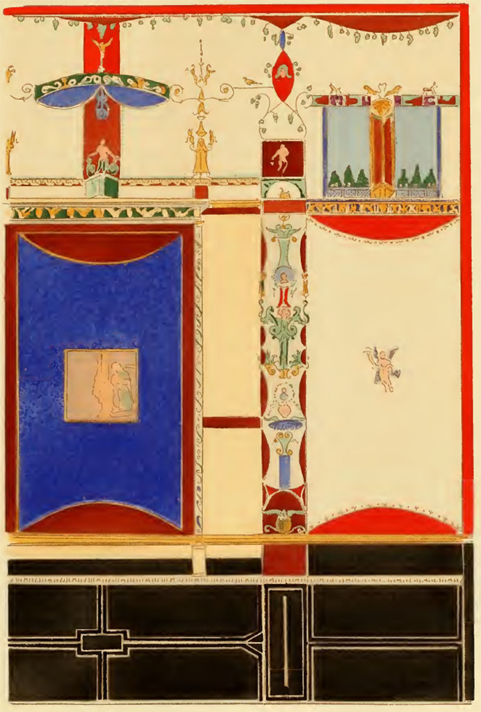 VI.2.16, Pompeii.  Pre 1924. Painting by Pierre Gusman, showing detail of the north wall of the tablinum.
This was a reproduction of an engraving by Mazois.
(described as -
XVII. Panneau extrait de la srie excute par l'architecte franais Mazois, au dbut du xix- sicle. Spcimen unique d'un panneau bleu fonc. Dbut du quatrime style.)
See Gusman P., 1924. La Dcoration Murale de Pompei. Paris : Moranc, pl. XVII.
