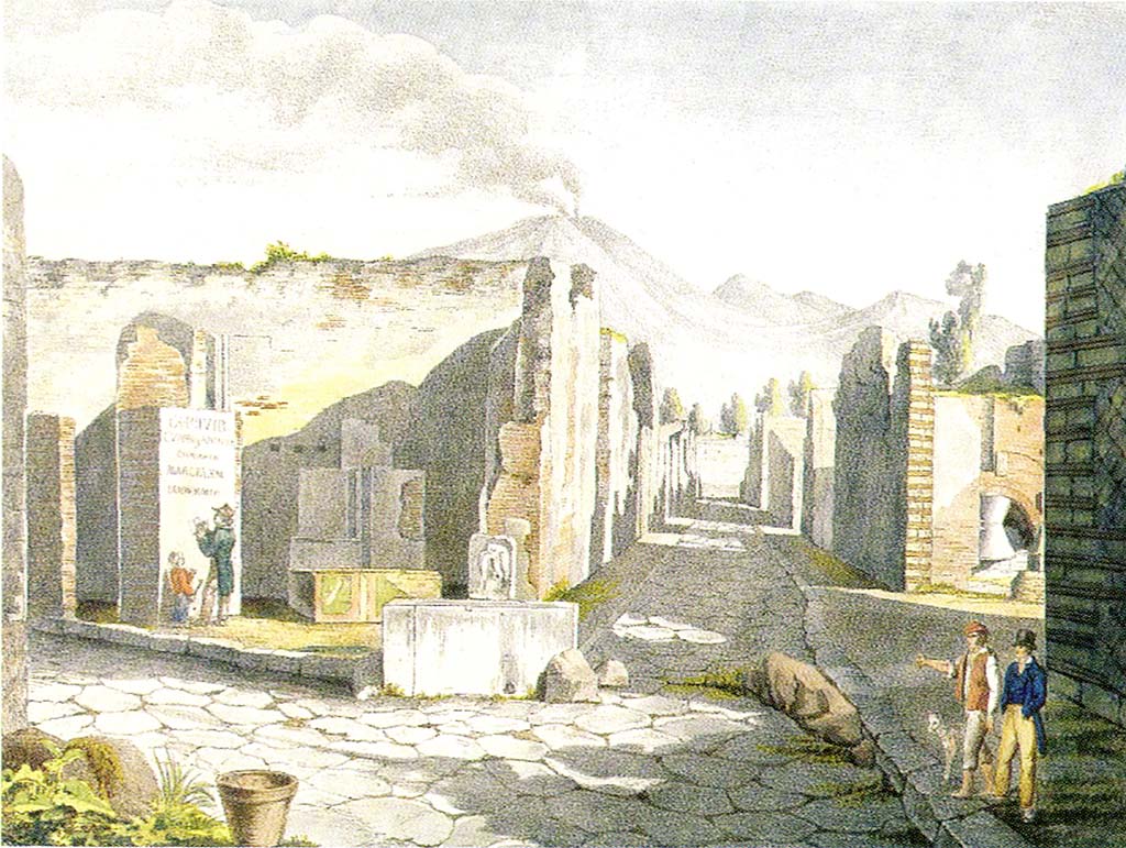 VI.3.20 Pompeii. Painting c.1818. 
Looking north to bar with electoral recommendation on the left of doorway, at junction of Via Consolare with Vicolo di Modesto. 
On the right is the bakery at VI.6.17.
