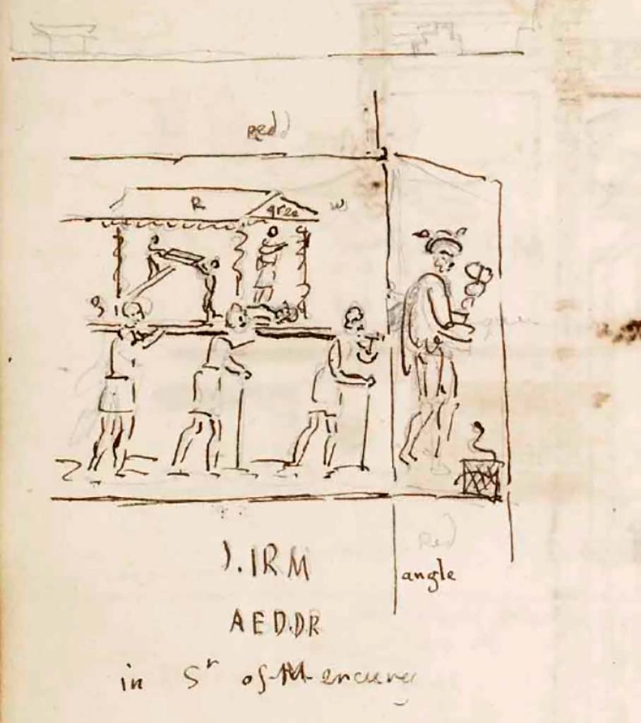 VI.7.9 Pompeii. c.1830. Drawing by Gell showing Procession of the Carpenters and Mercury.   
See Gell, W. Sketchbook of Pompeii, c.1830. 
See book from Van Der Poel Campanian Collection on Getty website http://hdl.handle.net/10020/2002m16b425
