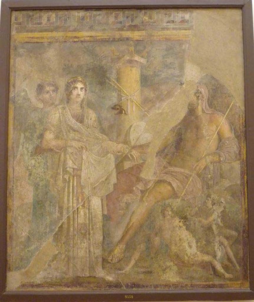 VI.8.5 Pompeii. Found on wall on south-east side of south wall. 
Wall painting of the Wedding of Zeus and Hera. 
One of the six panels more than 4-foot-high, that used to adorn the walls of the atrium.
Now in Naples Archaeological Museum. Inventory number 9559.
See Mau, A., 1907, translated by Kelsey F. W. Pompeii: Its Life and Art. New York: Macmillan. (p.316 & 484).
