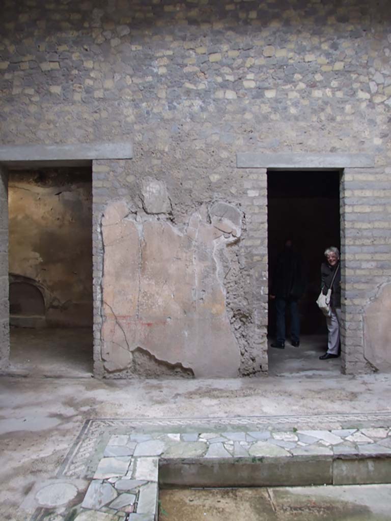 VI.8.5 Pompeii. March 2009. Wall between rooms 10 and 9 on west side of atrium: 
One of the six panels more than 4 feet high, that used to adorn the walls of the atrium. 
Site of a small fragment too small to be able to recognise the subject.
See Mau, A., 1907, translated by Kelsey F. W. Pompeii: Its Life and Art. New York: Macmillan. (p.316).
