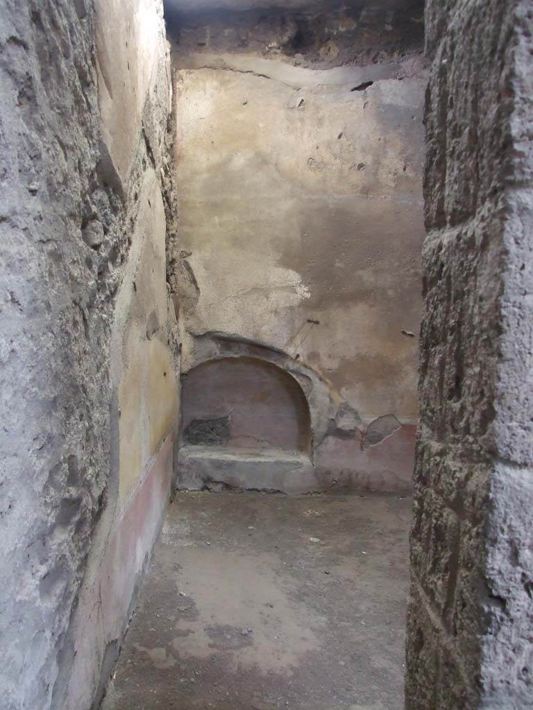 VI.8.5 Pompeii. March 2009. Room 10, south-west corner of porter’s room. 
Site of staircase to upper floor which can be seen in outline of plaster on the south wall, on left.
