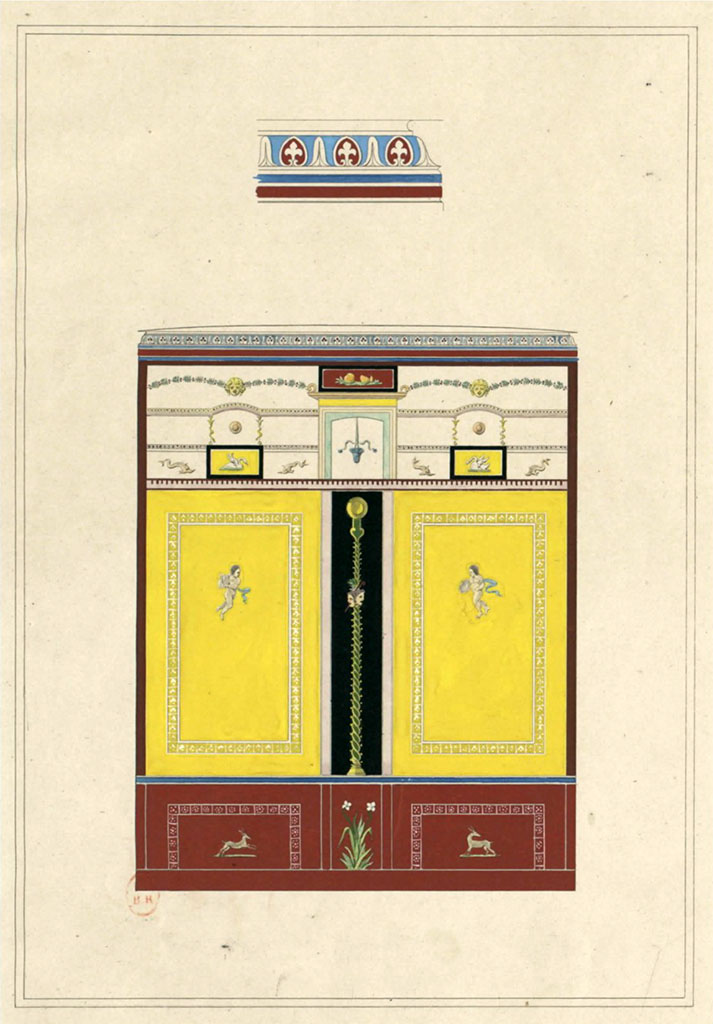 VI.8.5 Pompeii. c.1828. Room 3, looking towards painted wall in cubiculum.
With two side panels, probably either with south or north wall.
See Raoul Rochette et Bouchet J., 1828. Choix d'Edifices Inédits : Maison du Poète Tragique. Paris, pl 27. (Peinture de la chambre marque 20 sur le plan.)

