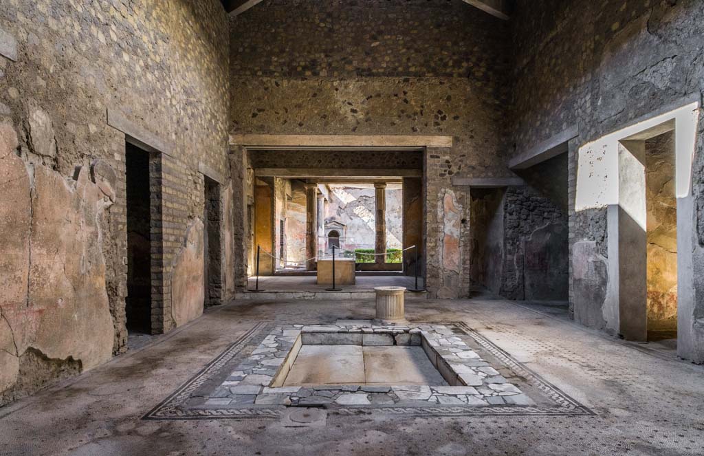 VI.8.3/5 Pompeii. April 2022. 
Looking north across impluvium in atrium through tablinum towards peristyle garden. Photo courtesy of Johannes Eber.
