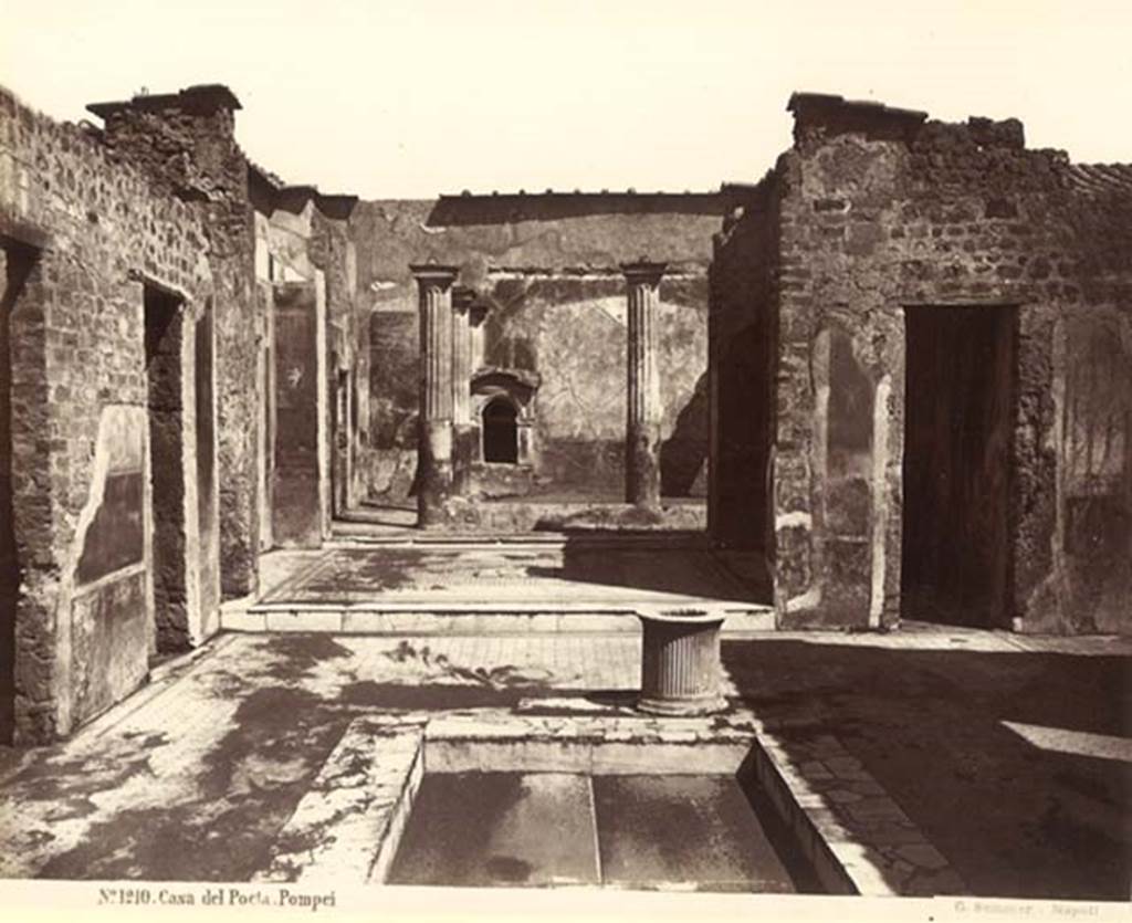 VI.8.5, Pompeii. c.1880-1890. G. Sommer no. 1210.  Looking north across impluvium in atrium towards tablinum and peristyle, at rear. Photo courtesy of Rick Bauer.
