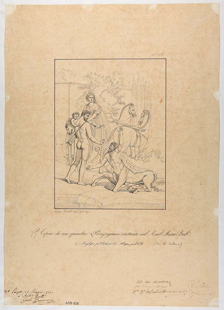 VI.9.5 Pompeii. Drawing by Giuseppe Marsigli, 1830, from south wall of tablinum
Now in Naples Archaeological Museum. Inventory number ADS 325.
Photo © ICCD. http://www.catalogo.beniculturali.it
Utilizzabili alle condizioni della licenza Attribuzione - Non commerciale - Condividi allo stesso modo 2.5 Italia (CC BY-NC-SA 2.5 IT)
