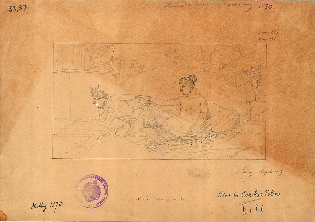 VI.9.6 Pompeii. 1867 Drawing of painting of Pan and Hermaphrodite found on 1st July 1828. 
DAIR 83.87. Photo © Deutsches Archäologisches Institut, Abteilung Rom, Arkiv. 
See Helbig, W., 1868. Wandgemälde der vom Vesuv verschütteten Städte Campaniens. Leipzig: Breitkopf und Härtel. (1370: p.304, p.469).
