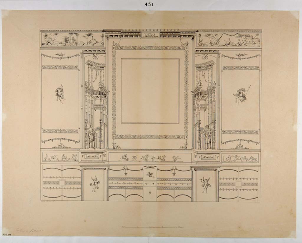 VI.9.6 Pompeii. Drawing by Antonio Ala, 1847, of south wall of tablinum.
Now in Naples Archaeological Museum. Inventory number ADS 339.
Photo © ICCD. https://www.catalogo.beniculturali.it
Utilizzabili alle condizioni della licenza Attribuzione - Non commerciale - Condividi allo stesso modo 2.5 Italia (CC BY-NC-SA 2.5 IT)
