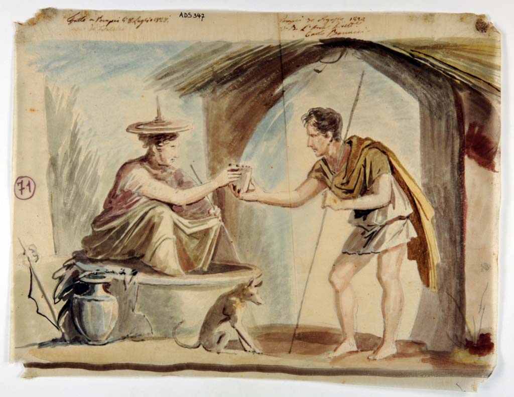 VI.9.6 Pompeii. Painting by Giuseppe Marsigli, 8th July 1828, of a seated woman giving a drink to a passer-by, or perhaps of Sibilla.
Now in Naples Archaeological Museum. Inventory number ADS 347.
Photo © ICCD. http://www.catalogo.beniculturali.it
Utilizzabili alle condizioni della licenza Attribuzione - Non commerciale - Condividi allo stesso modo 2.5 Italia (CC BY-NC-SA 2.5 IT)
Original painting now in Naples Archaeological Museum, inventory number 9106. (Helbig 1565)
