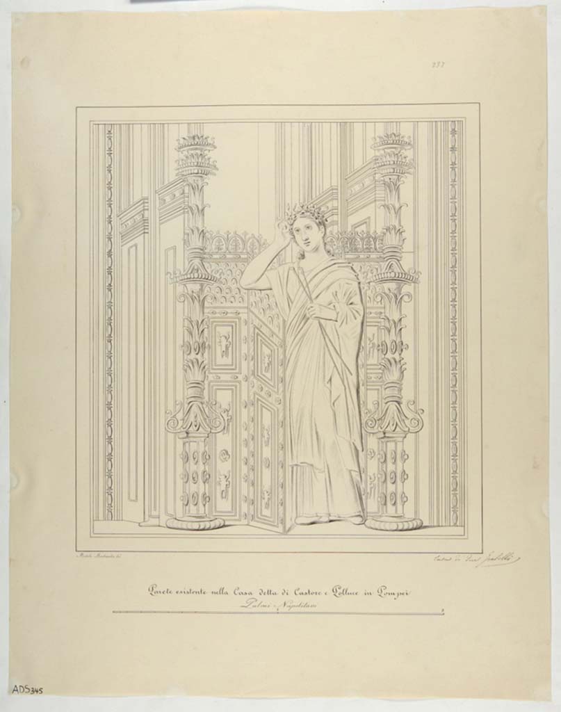 VI.9.6 Pompeii. Drawing of Euterpe by Michele Mastracchio, from the centre of architectural design at west end of south wall in tablinum.
Now in Naples Archaeological Museum. Inventory number ADS 345.
Photo © ICCD. http://www.catalogo.beniculturali.it
Utilizzabili alle condizioni della licenza Attribuzione - Non commerciale - Condividi allo stesso modo 2.5 Italia (CC BY-NC-SA 2.5 IT)
The same subject was also drawn by La Volpe in Museo Borbonico IX, tav. XXXIV. (Helbig 864).
