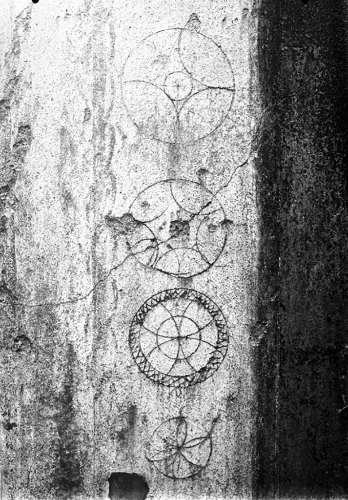 VI.9.6 Pompeii. W.304, Room 13, south wall, west side of doorway. 
Circular ornamental decorations on white plaster at edge of doorway.
Photo by Tatiana Warscher. Photo © Deutsches Archäologisches Institut, Abteilung Rom, Arkiv. 
