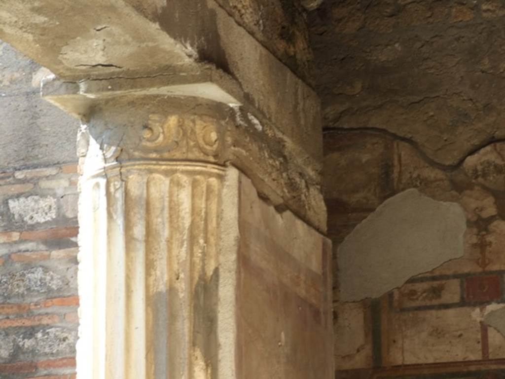 VI.9.6 Pompeii. March 2009. Room 6, looking west towards top of half of engaged column on north-west pilaster of peristyle.

