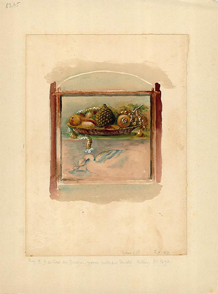 VI.9.6 Pompeii. 1889 watercolour copy of a painting of a basket of fruit, from west wall of peristyle 6 in the north-west corner.
DAIR 83.95. Photo © Deutsches Archäologisches Institut, Abteilung Rom, Arkiv.
See http://arachne.uni-koeln.de/item/marbilder/5022270
See Helbig, W., 1868. Wandgemälde der vom Vesuv verschütteten Städte Campaniens. Leipzig: Breitkopf und Härtel, 1692.
