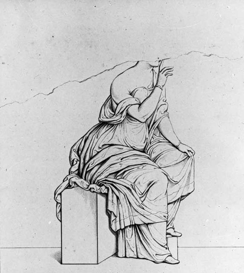 231557 Bestand-D-DAI-ROM-W.0234
VI.9.6 Pompeii. W.234. Room 6, drawing of wall painting of a sitting girl in green chiton and red mantel. From the south end of the west wall of the peristyle.from peristyle.
See Real Museo Borbonico XII, taf 19.
Photo by Tatiana Warscher. With kind permission of DAI Rome, whose copyright it remains. 
See http://arachne.uni-koeln.de/item/marbilderbestand/231557 
