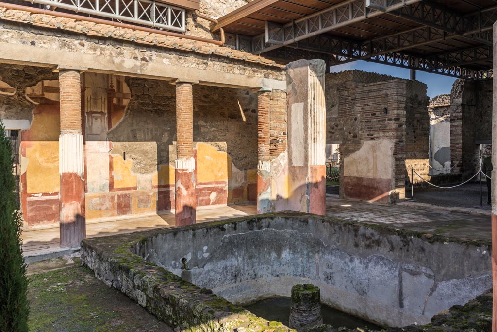 VI.9.6 Pompeii. January 2023. 
Room 6, looking north-east across deep pool towards north end of east wall of peristyle, on right. Photo courtesy of Johannes Eber.
