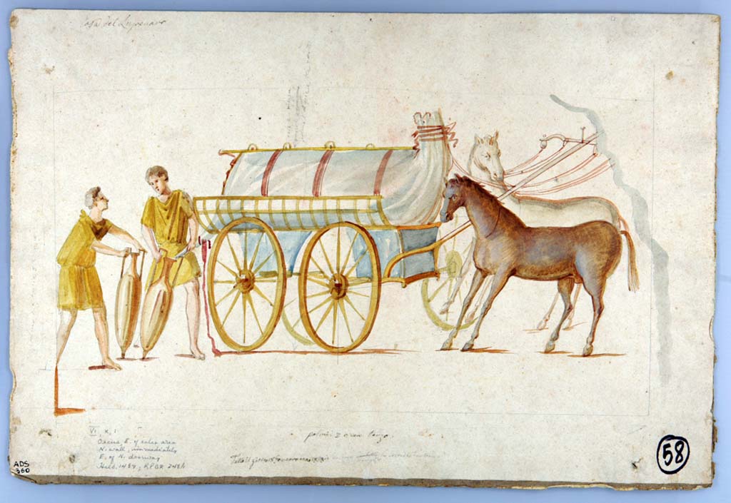 VI.10.1 Pompeii. Painting of wine cart by Giuseppe Marsigli made 18th January 1828. 
The (later) note on this painting says 
  VI.X.1
  Oecus E of sales area
  N Wall immediately
  E of N doorway
  Helbig 1487 RPGR 248h
According to the ICCD scheda: L'acquerello raffigura la vignetta dipinta sulla pereta N dell'ambiente b della Caupona della Via di Mercurio a Pompei (VI 10, 1), rimasta in situ e non più leggibile.
Now in Naples Archaeological Museum. Inventory number ADS 360.
Photo © ICCD. https://www.catalogo.beniculturali.it
Utilizzabili alle condizioni della licenza Attribuzione - Non commerciale - Condividi allo stesso modo 2.5 Italia (CC BY-NC-SA 2.5 IT)

