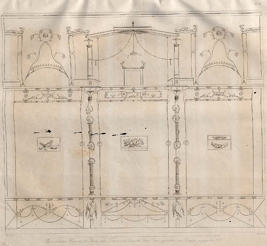 VI.13.2 Pompeii. 1842 drawing by Zahn of east wall of tablinum
See Zahn, W., 1842. Die schönsten Ornamente und merkwürdigsten Gemälde aus Pompeji, Herkulanum und Stabiae: II. Berlin: Reimer, Taf. 86.

