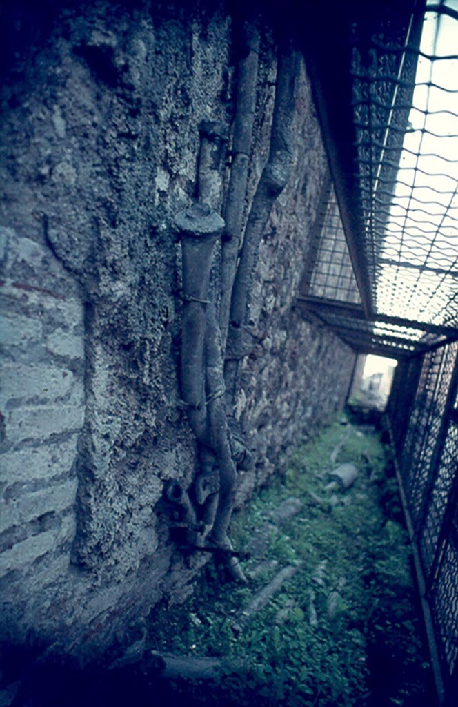 VI.13.16 Pompeii. January 1977. Lead pipes on wall and in pavement of Vicolo Mercurio. 
Photo courtesy of David Hingston.
