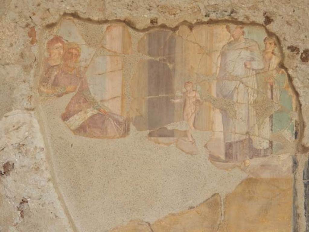 VI.16.7 Pompeii. May 2016. Room E, wall painting of Paris and Helen at Sparta on west wall of tablinum.  Photo courtesy of Buzz Ferebee.
