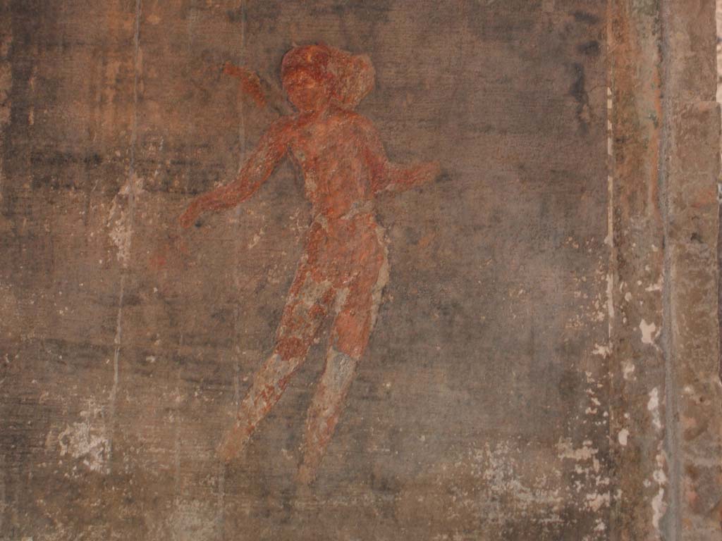 VI.16.7 Pompeii. December 2004. 
Detail of painted floating figure from west wall of portico in south-west corner on south side of doorway to large triclinium O. 
