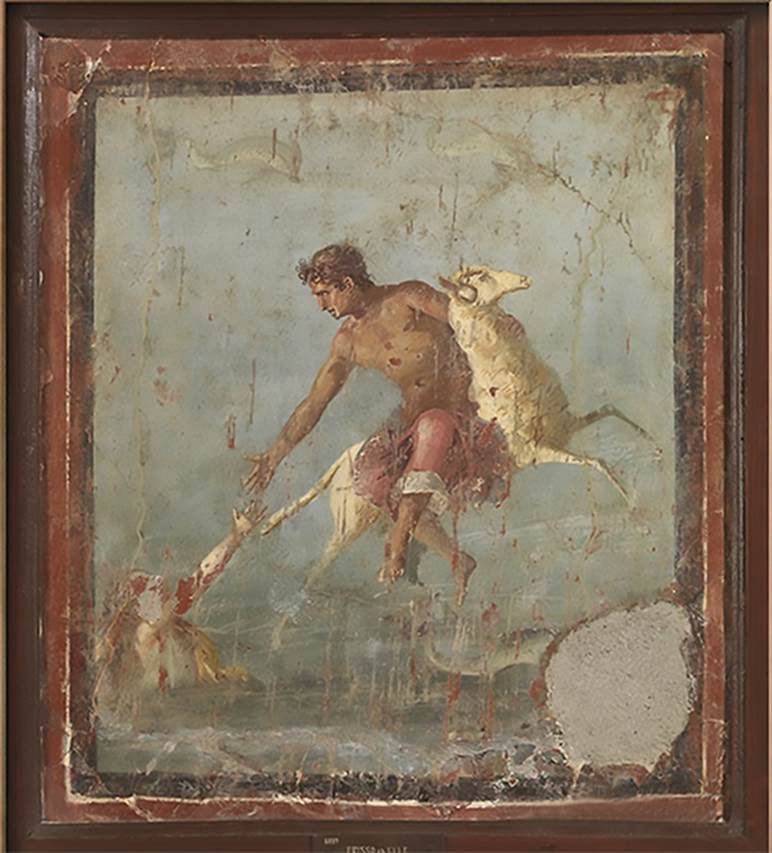 VI.17 Ins Occ. Masseria d’Irace. Found 8th July 1760. Phryxus and Helle. 
Now in Naples Archaeological Museum. Inventory number 8889.
However, according to Helbig, this was found under the Masseria di Cuomo, south (=west) side of Strada Consolare.
See Helbig, W., 1868. Wandgemälde der vom Vesuv verschütteten Städte Campaniens. Leipzig: Breitkopf und Härtel, 1251.
