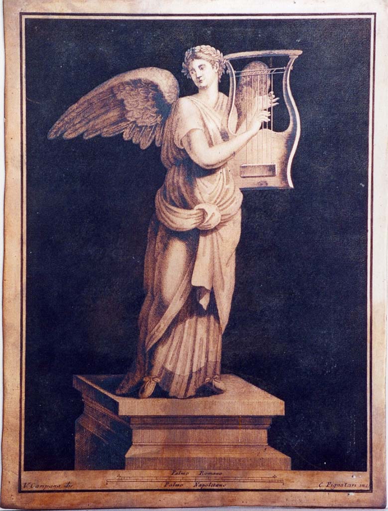 VI.17.25 Pompeii. Winged female figure playing harp on pedestal. Drawing by Vincenzo Campana engraving by Carmine Pignataro.
Now in Naples Archaeological Museum. Inventory number 350952.
Photo  ICCD. http://www.catalogo.beniculturali.it
Utilizzabili alle condizioni della licenza Attribuzione - Non commerciale - Condividi allo stesso modo 2.5 Italia (CC BY-NC-SA 2.5 IT)
The ICCD image is of a copper plate and has here been reversed to show the painting as it would have been on the wall and in print.
See Pagano, M. and Prisciandaro, R., 2006. Studio sulle provenienze degli oggetti rinvenuti negli scavi borbonici del regno di Napoli. Naples: Nicola Longobardi, p.77 and Rami Inediti 384.
See PAH, 1, 1, 305, copy above.
