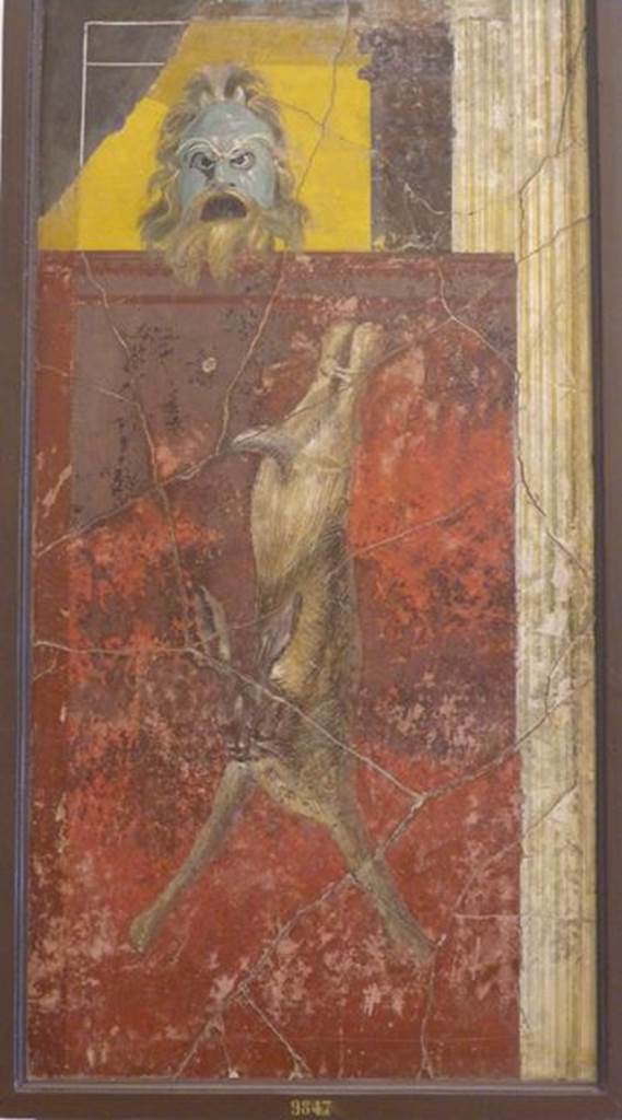 VI.17.41 Pompeii. Found on 27th October 1759 in cubiculum 17 on the north wall.  Wall painting of mask, columns with hanging hare. Now in Naples Archaeological Museum. Inventory number 9847. See Pagano, M. and Prisciandaro, R., 2006. Studio sulle provenienze degli oggetti rinvenuti negli scavi borbonici del regno di Napoli.  Naples : Nicola Longobardi. (p.31-2).

